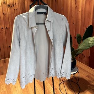Faux Suede Button Up Blouse Tan Eyelet Detail
